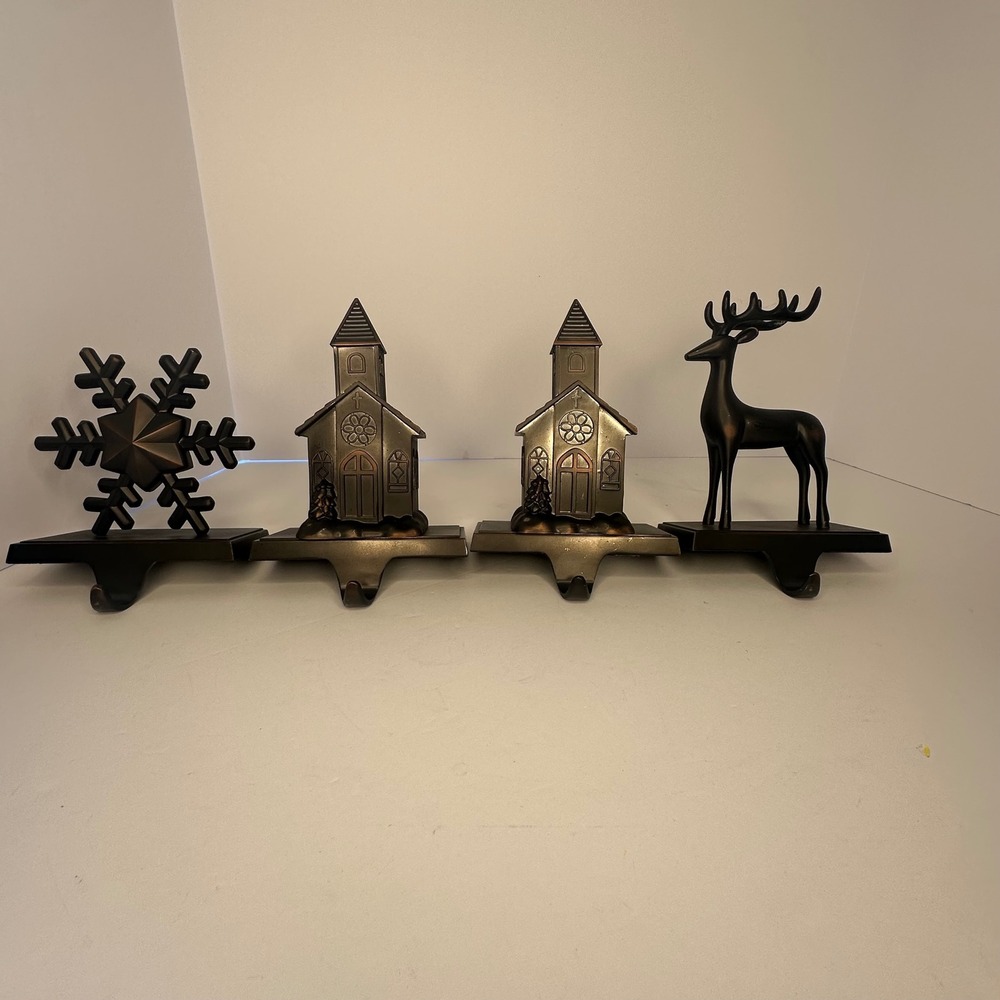 Brass Christmas Stocking Holder Set 4 Reindeer Church Snowflake